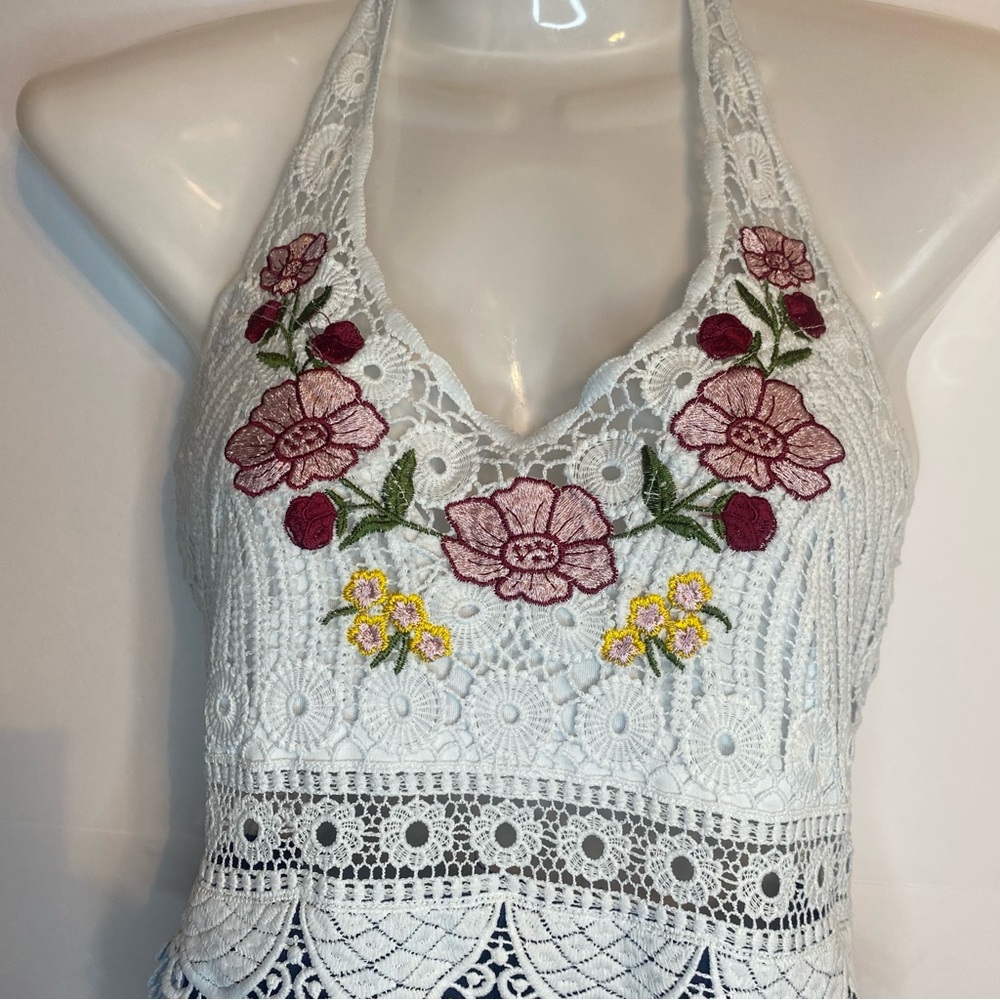 Papaya Boho Floral Embroidered Halter Jumpsuit Romper Navy & White Wide Leg